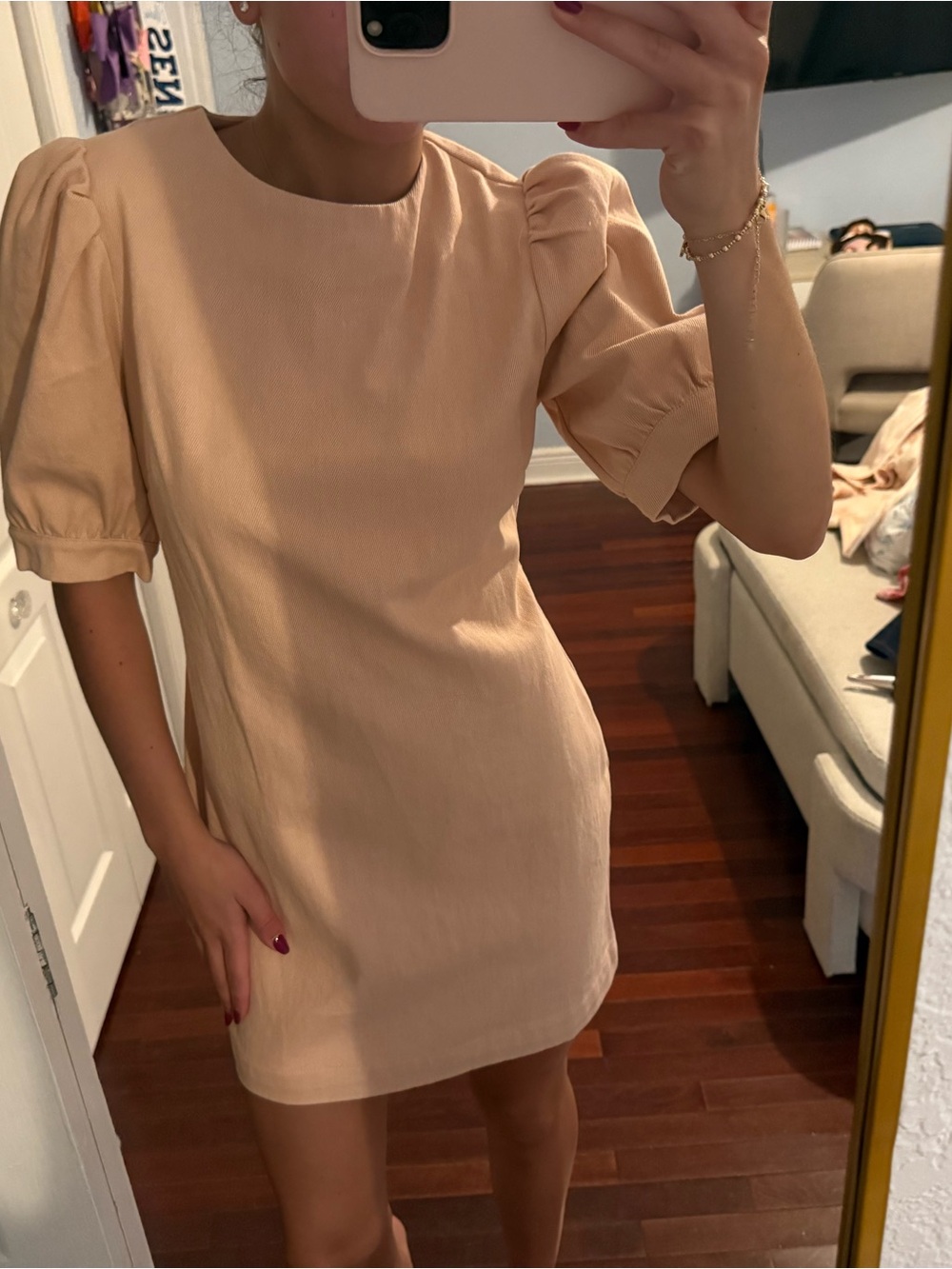 Aqua Puff Sleeve Mini Dress in Light Peach